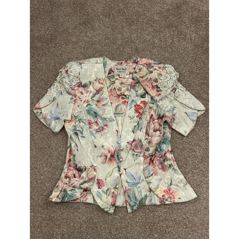 80s Nah Nah Collection Floral Blouse Womens 12 Blue Pink Excellent Lace Pearl